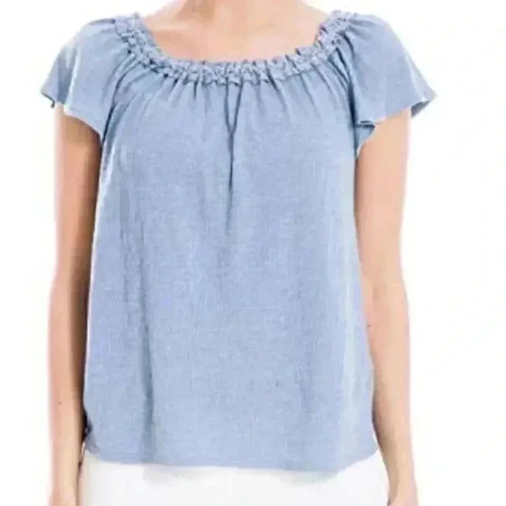 Max Studio Women's On/Off Shoulder Cap Sleeve Crinkled Knit Jersey Top with Tona